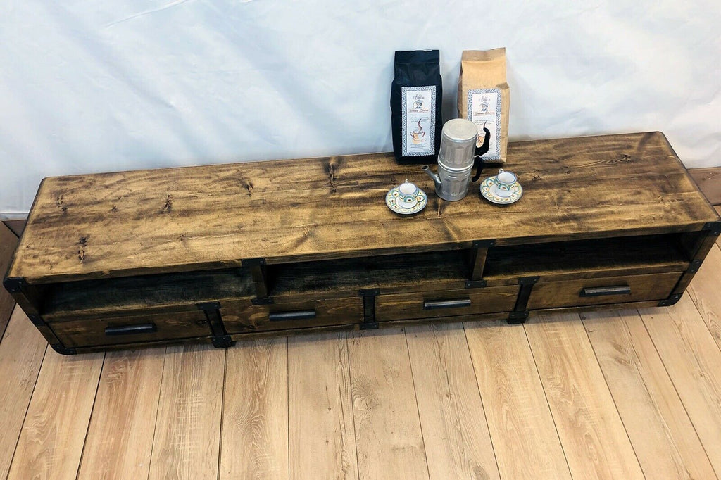 Mobile basso soggiorno porta TV stile INDUSTRIAL legno massello con cassetti e vani a giorno misure 200X40h50 cm (Copia)