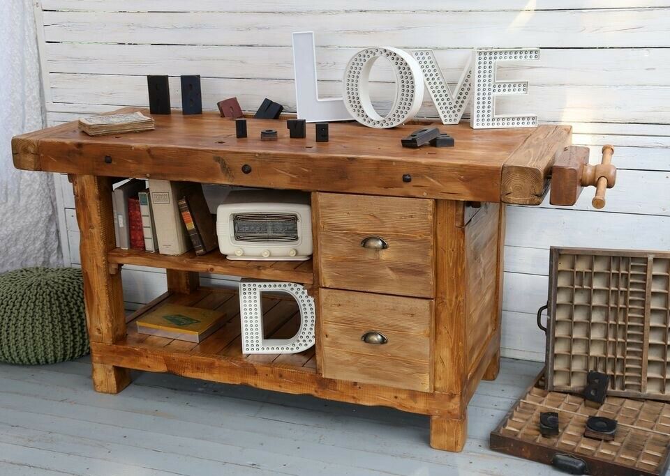 Banco Falegname per arredo isola cucina e soggiorno stile INDUSTRIAL legno massello cassetti e morsa misure 150x63xh85 cm