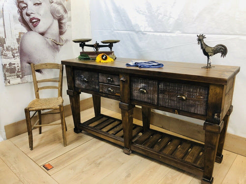 Consolle per arredo isola cucina stile RUSTICO / COUNTRY FATTORIA TUTTO in legno massello con cassetti e ripiano a giorno 170x50xh93 cm