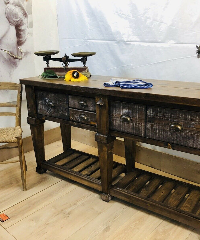 Consolle per arredo isola cucina stile RUSTICO / COUNTRY FATTORIA TUTTO in legno massello con cassetti e ripiano a giorno 170x50xh93 cm