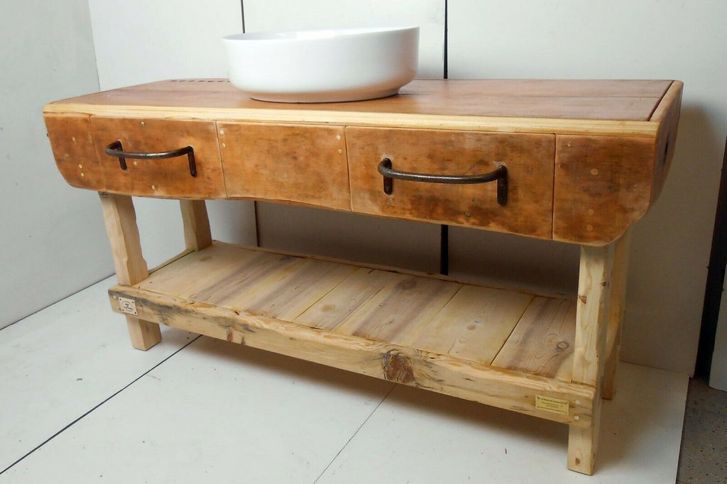 Mobile per arredo Bagno stile BANCO DA FALEGNAME / INDUSTRIAL legno massello per 1/2 lavabi da appoggio misure 180x70xh90 cm