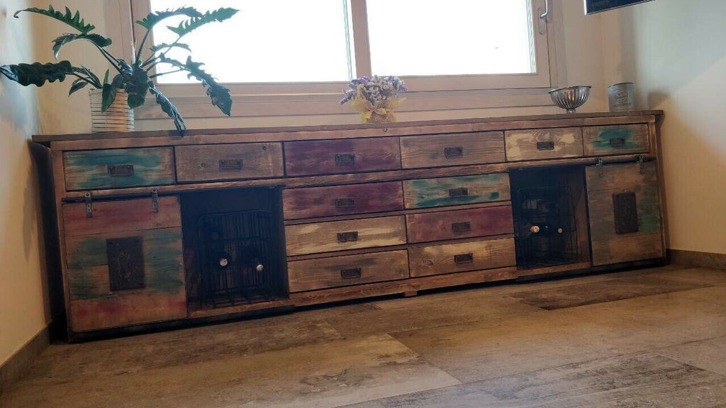 Mobile Credenza Madia soggiorno stile INDUSTRIAL legno massello con cassetti e porte scorrevoli su rotaie 300x50xh90 cm
