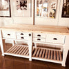 Tavolo rialzato isola cucina Consolle stile COUNTRY in bianco  SHABBY legno massello cassetti e ripiano a giorno 200x80xh96 cm