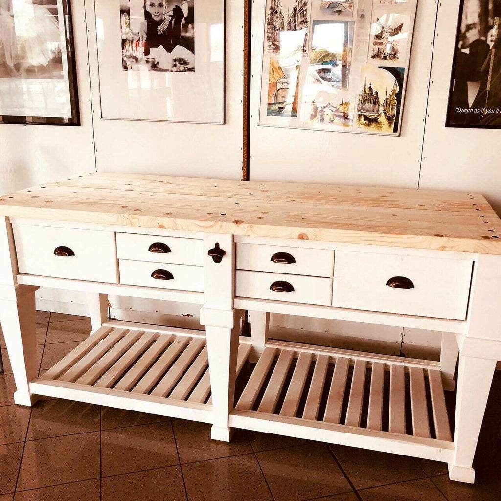 Tavolo rialzato isola cucina Consolle stile COUNTRY in bianco  SHABBY legno massello cassetti e ripiano a giorno 200x80xh96 cm
