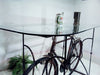 Consolle con piano in vetro per Bar Pub Birrerie stile INDUSTRIAL cavalletto telaio in ferro con bicicletta vintage riciclo 180x80xh110 cm