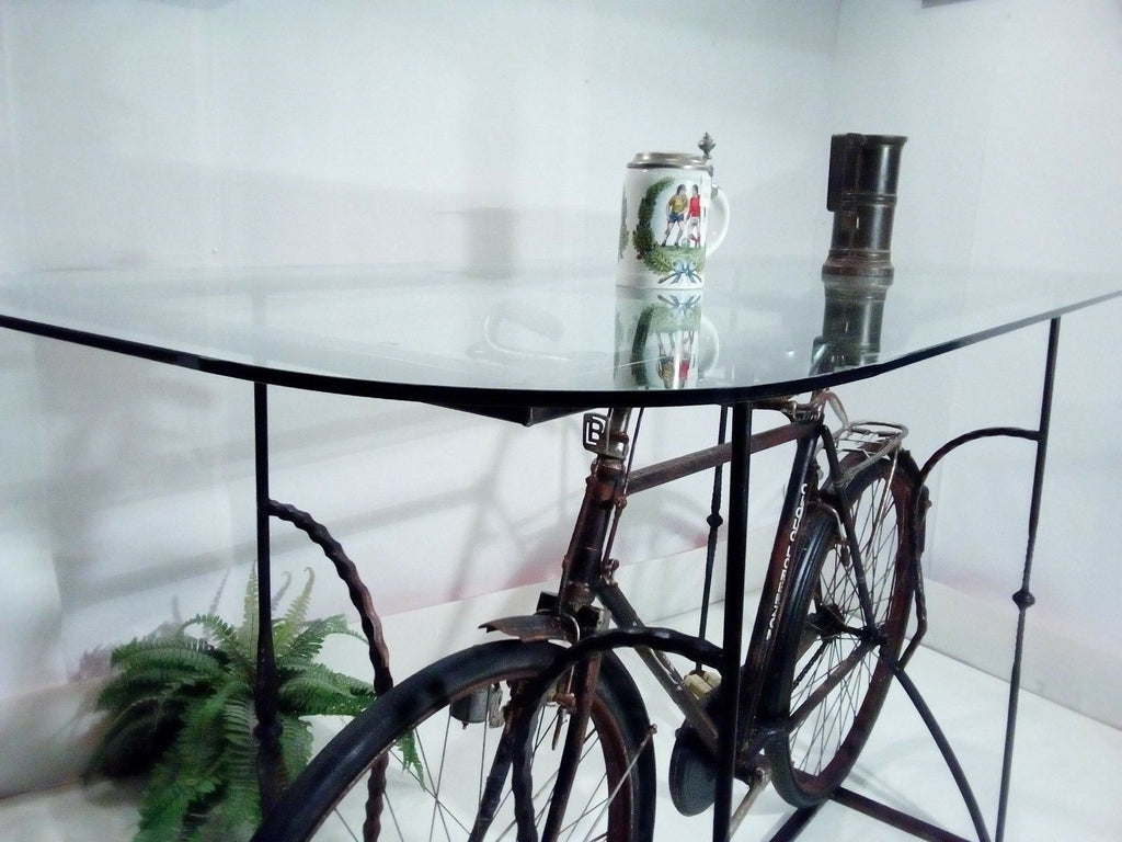 Consolle con piano in vetro per Bar Pub Birrerie stile INDUSTRIAL cavalletto telaio in ferro con bicicletta vintage riciclo 180x80xh110 cm
