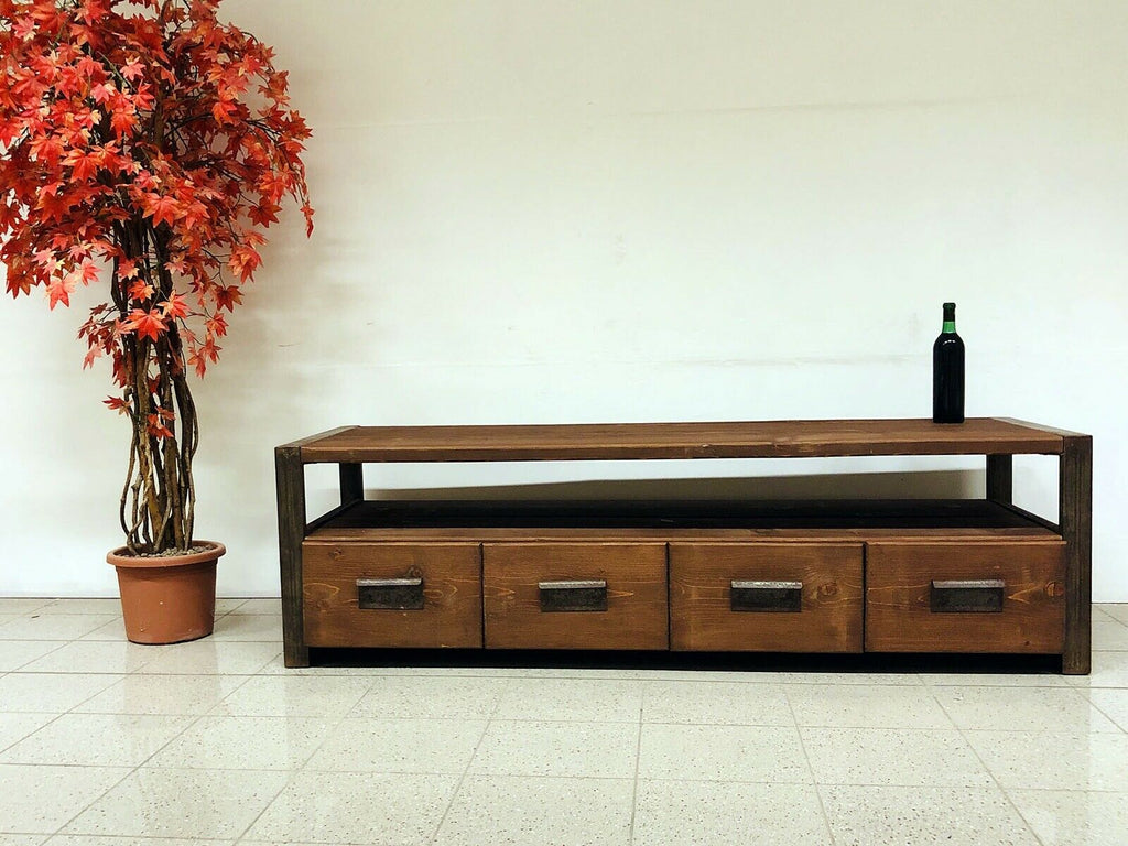 Mobile basso soggiorno salotto porta TV stile INDUSTRIAL legno massello 4 cassetti e vano a giorno 180X45h60 cm (Copia)