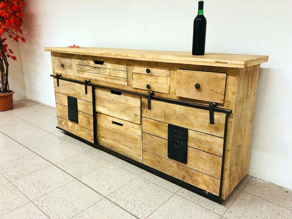 Mobile Credenza Madia stile INDUSTRIAL legno massello porte scorrevoli su rotaie180x40h80 cm