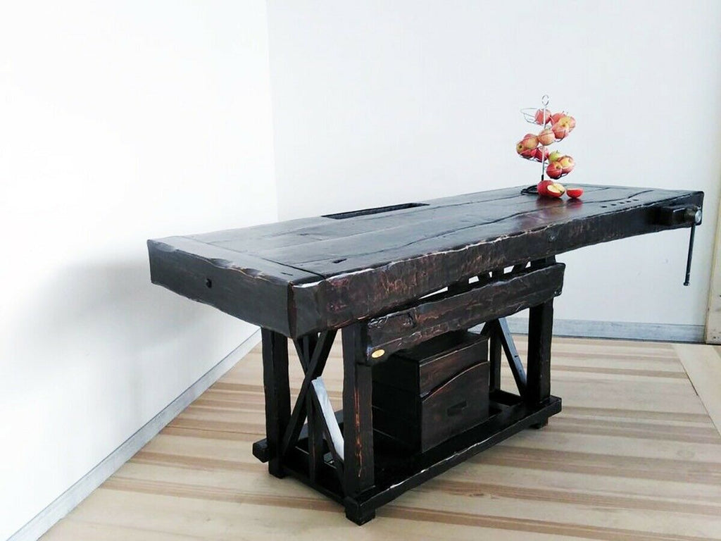 Banco Falegname caratteristico per attività commerciali e ristorazione stile INDUSTRIAL legno massello cassetto e morsa 200x70xh80 cm