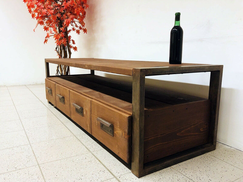 Mobile basso soggiorno salotto porta TV stile INDUSTRIAL legno massello 4 cassetti e vano a giorno 180X45h60 cm (Copia)