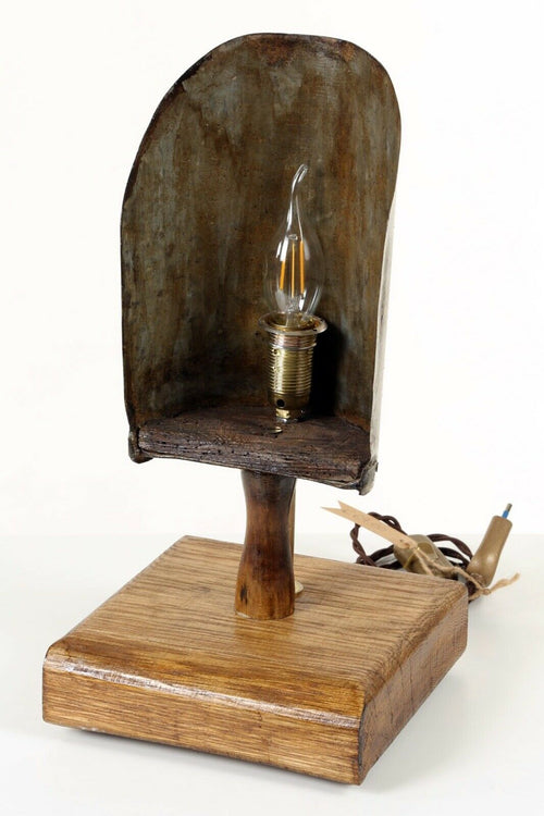 Abat Jour Lampada da tavolo artigianale stile INDUSTRIAL base in legno e SESSOLA + luce Edison 40W 19x21xh48 cm NOSTRA PRODUZIONE