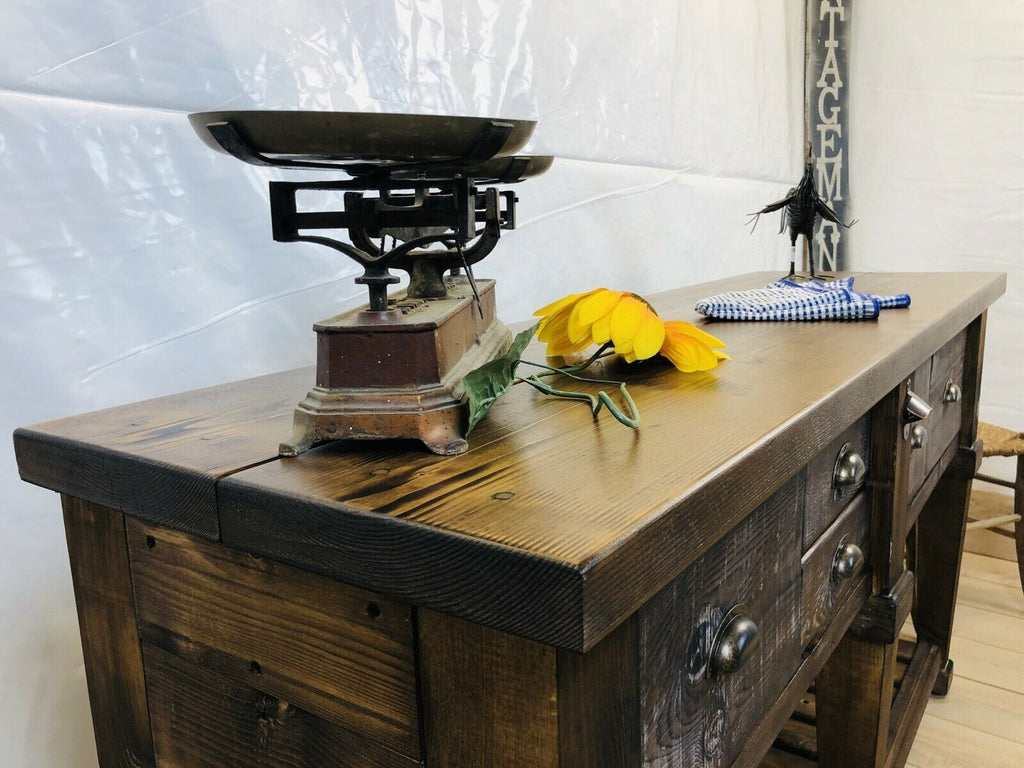 Consolle per arredo isola cucina stile RUSTICO / COUNTRY FATTORIA TUTTO in legno massello con cassetti e ripiano a giorno 170x50xh93 cm