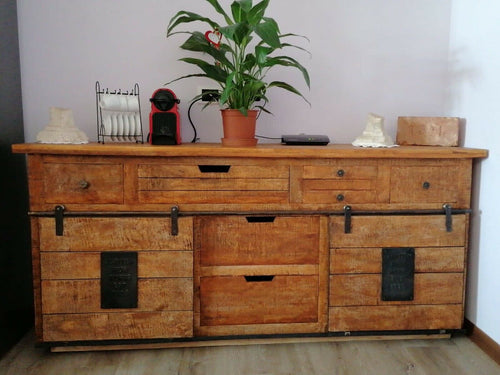Mobile Credenza Madia stile INDUSTRIAL legno massello porte scorrevoli su rotaie180x40h80 cm