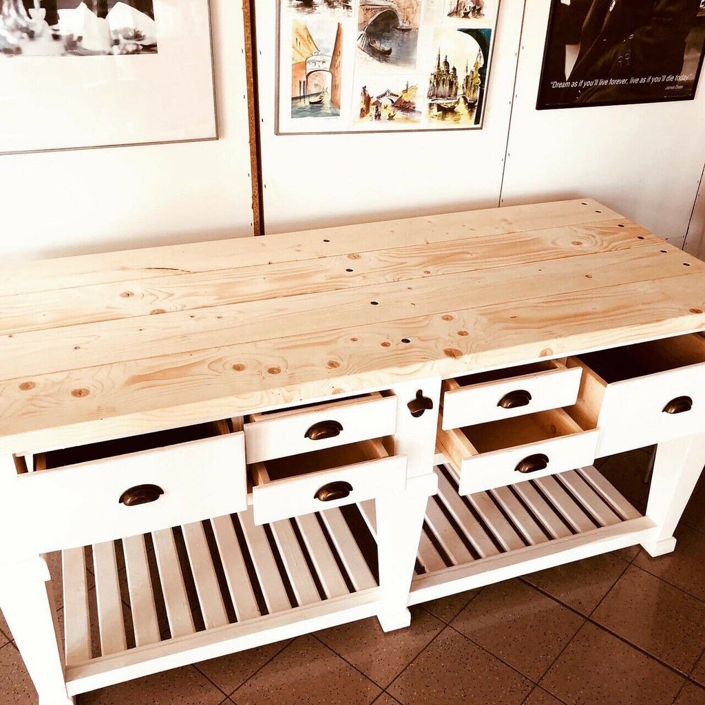 Tavolo rialzato isola cucina Consolle stile COUNTRY in bianco  SHABBY legno massello cassetti e ripiano a giorno 200x80xh96 cm