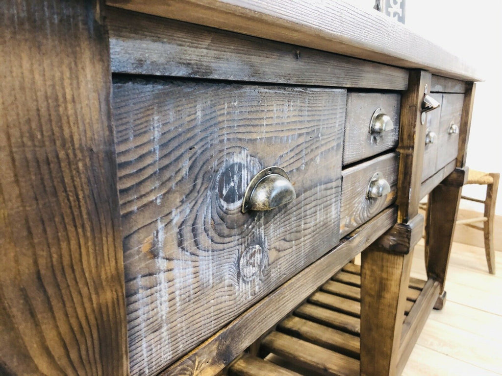 Consolle per arredo isola cucina stile RUSTICO / COUNTRY FATTORIA TUTTO in legno massello con cassetti e ripiano a giorno 170x50xh93 cm