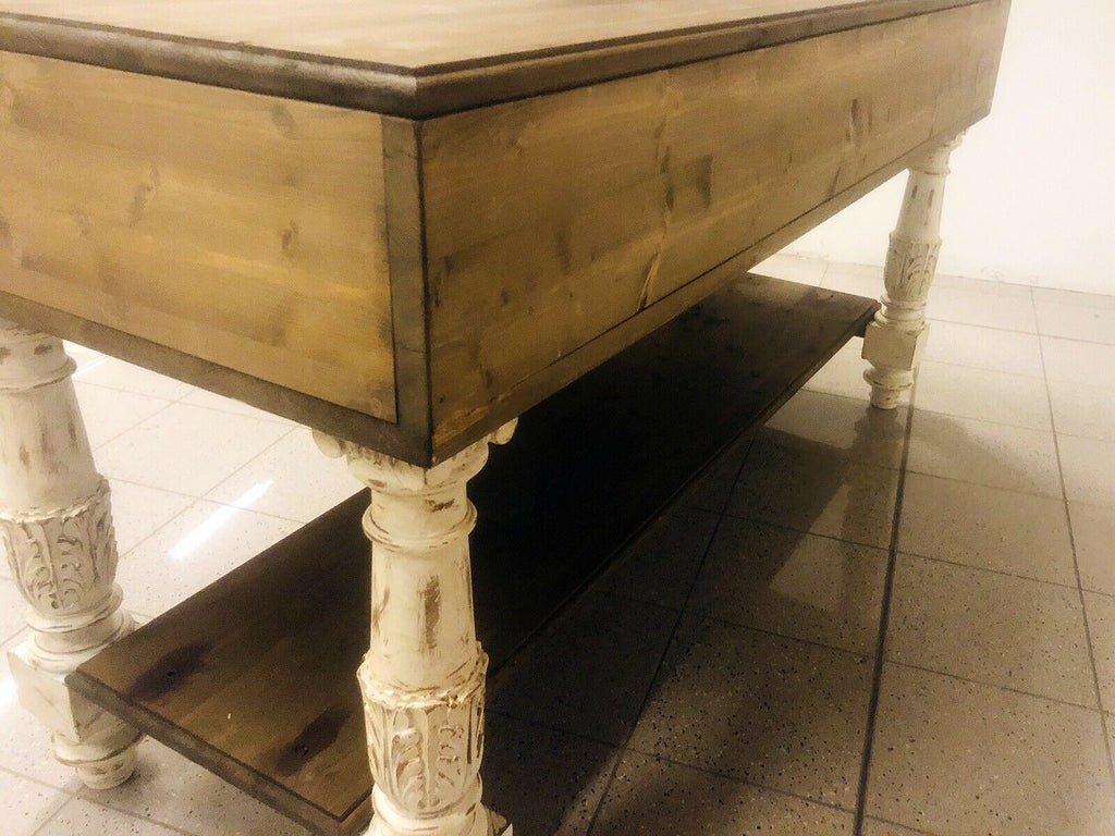 Tavolo rialzato Consolle isola cucina stile misto COUNTRY / SHABBY legno massello cassetti e ripiano a giorno 170x65xh90 cm
