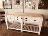 Tavolo rialzato isola cucina Consolle stile COUNTRY in bianco  SHABBY legno massello cassetti e ripiano a giorno 200x80xh96 cm