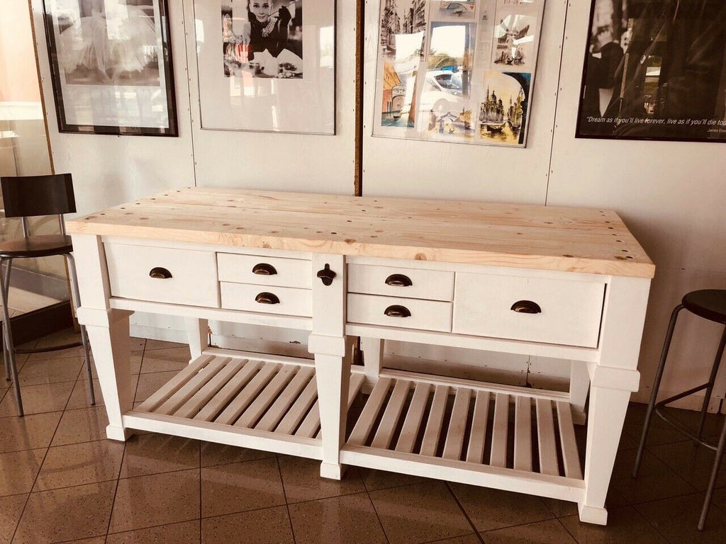 Tavolo rialzato isola cucina Consolle stile COUNTRY in bianco  SHABBY legno massello cassetti e ripiano a giorno 200x80xh96 cm