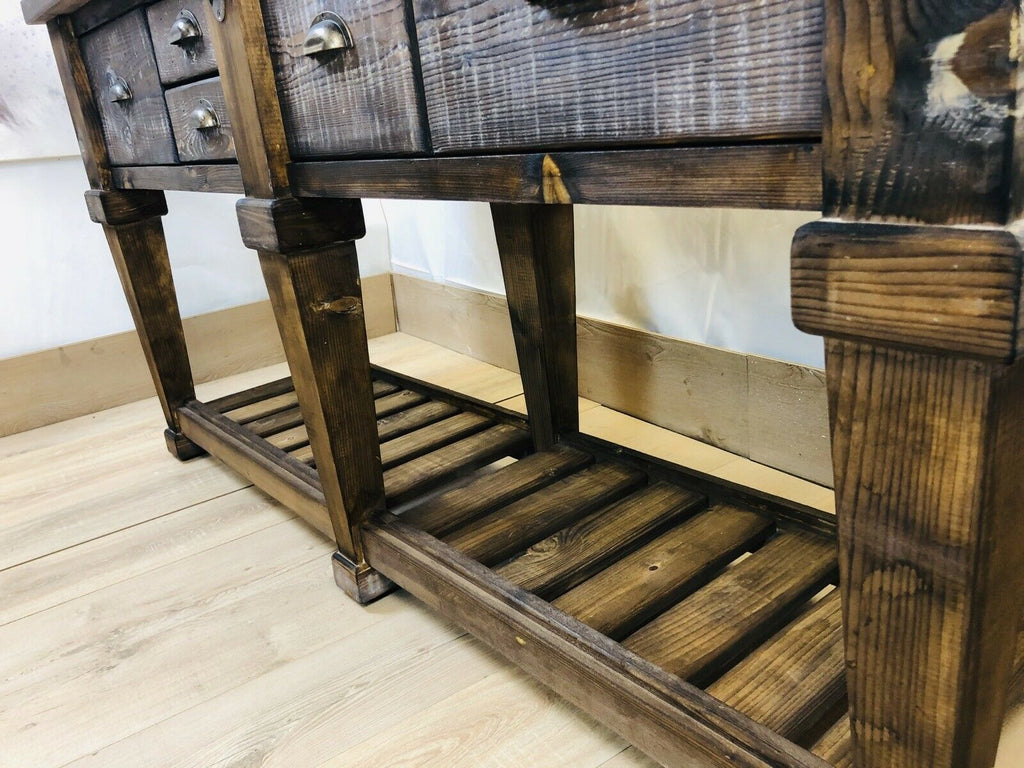 Consolle per arredo isola cucina stile RUSTICO / COUNTRY FATTORIA TUTTO in legno massello con cassetti e ripiano a giorno 170x50xh93 cm