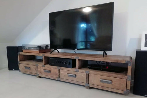Low living room cabinet INDUSTRIAL style TV stand in solid wood with drawers and open compartments measuring 200X40h50 cm