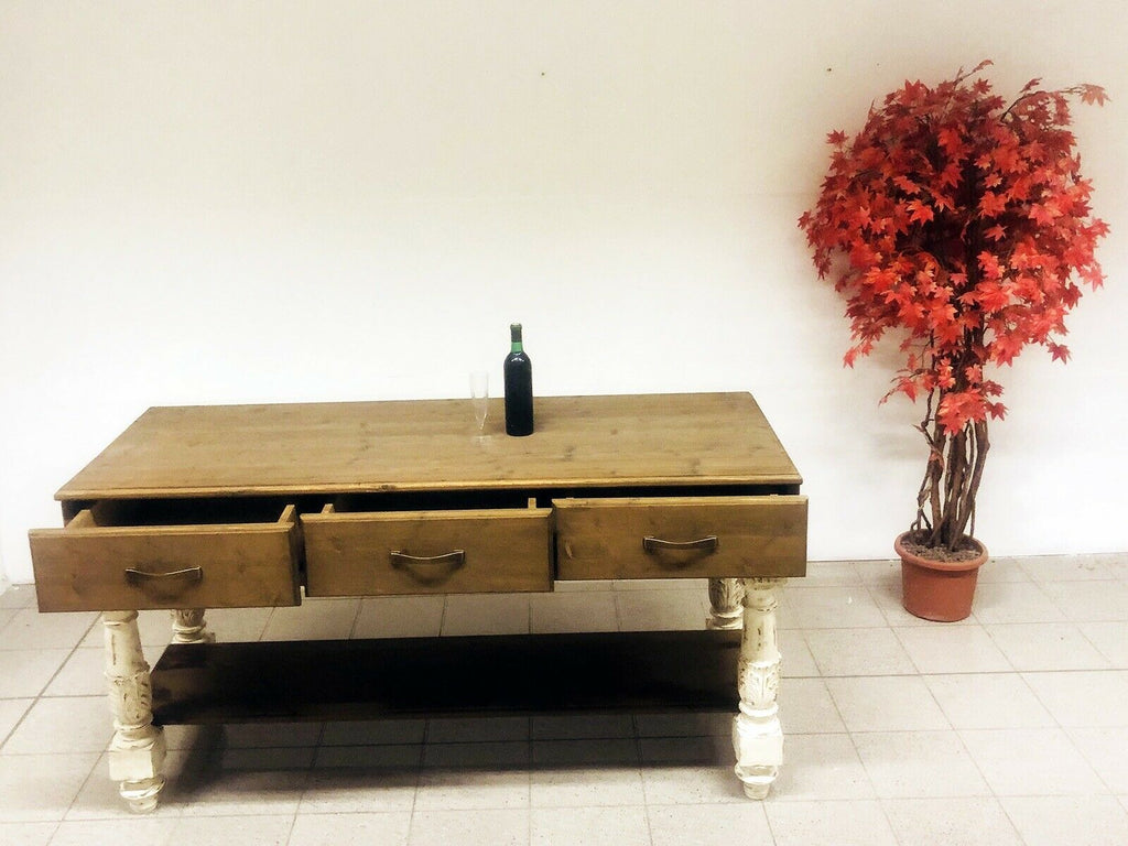 Tavolo rialzato Consolle isola cucina stile misto COUNTRY / SHABBY legno massello cassetti e ripiano a giorno 170x65xh90 cm