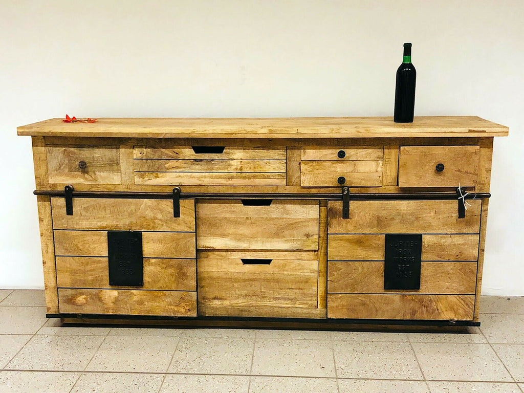 Mobile Credenza Madia stile INDUSTRIAL legno massello porte scorrevoli su rotaie180x40h80 cm