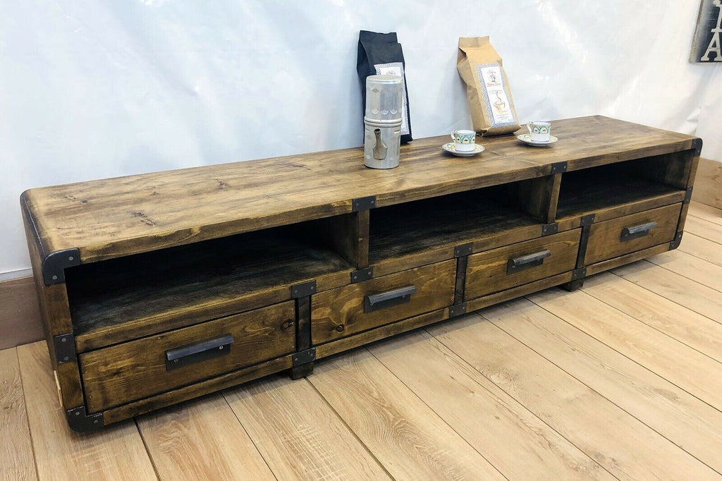 Mobile basso soggiorno porta TV stile INDUSTRIAL legno massello con cassetti e vani a giorno misure 200X40h50 cm (Copia)