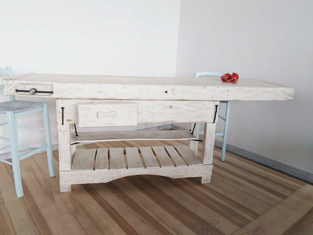 Banco Falegname per arredo isola cucina in stile misto INDUSTRIAL legno massello bianco SHABBY 190x70xh80 cm
