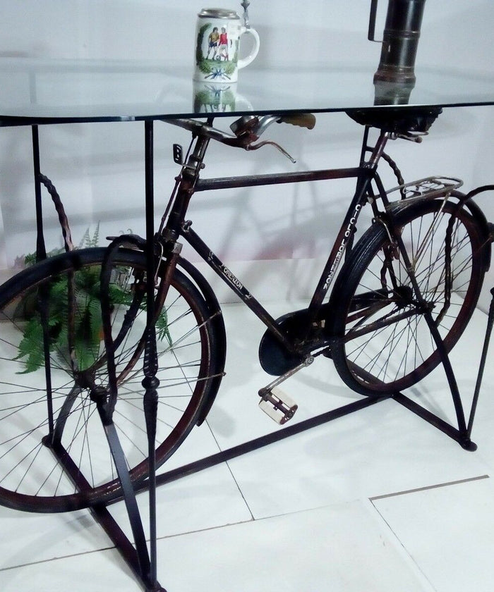 Consolle con piano in vetro per Bar Pub Birrerie stile INDUSTRIAL cavalletto telaio in ferro con bicicletta vintage riciclo 180x80xh110 cm