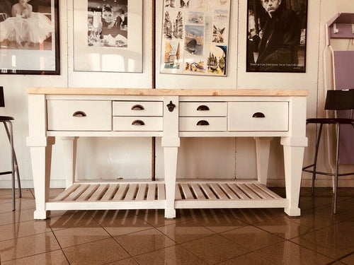 Tavolo rialzato isola cucina Consolle stile COUNTRY in bianco  SHABBY legno massello cassetti e ripiano a giorno 200x80xh96 cm