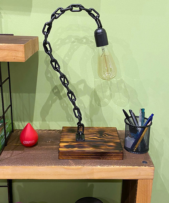 Abasciur lampshade Table lamp with chain support, INDUSTRIAL style, fir wood base + Edison light 18x20xh40 cm OUR PRODUCTION