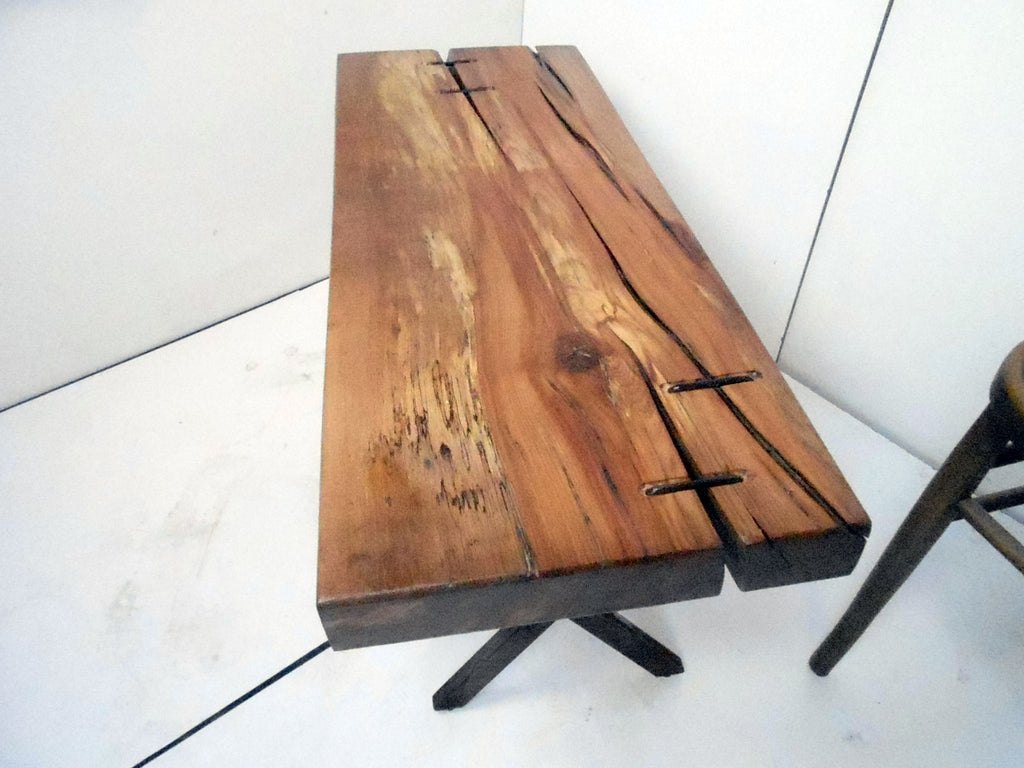 Low table INDUSTRIAL style living room coffee table with solid wood table 6 cm cross iron legs 98x38xh45 cm