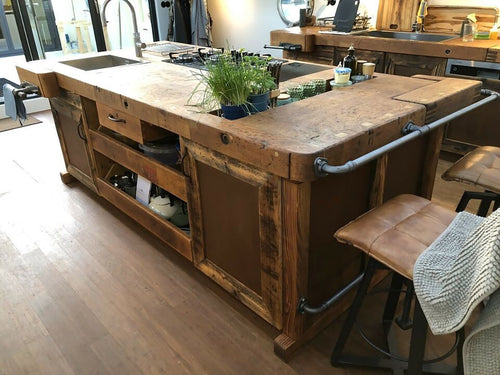 Kücheninsel im JOINER'S BENCH / INDUSTRIAL-Stil, komplett aus Massivholz, mit Vorbereitung für Geräte, 270x130xh90 cm