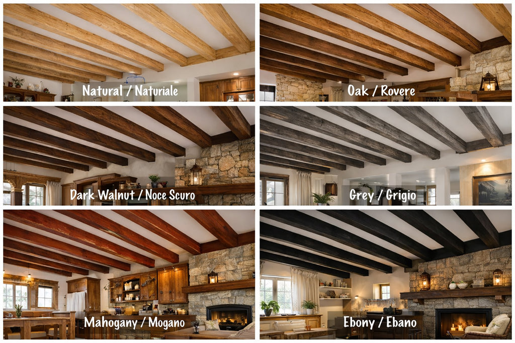 Travi decorative da soffitto in Abete massello – Sezione scatolata da 16×14 cm – L. 1÷5 m – grezzi o rifiniti – 8 colori a scelta