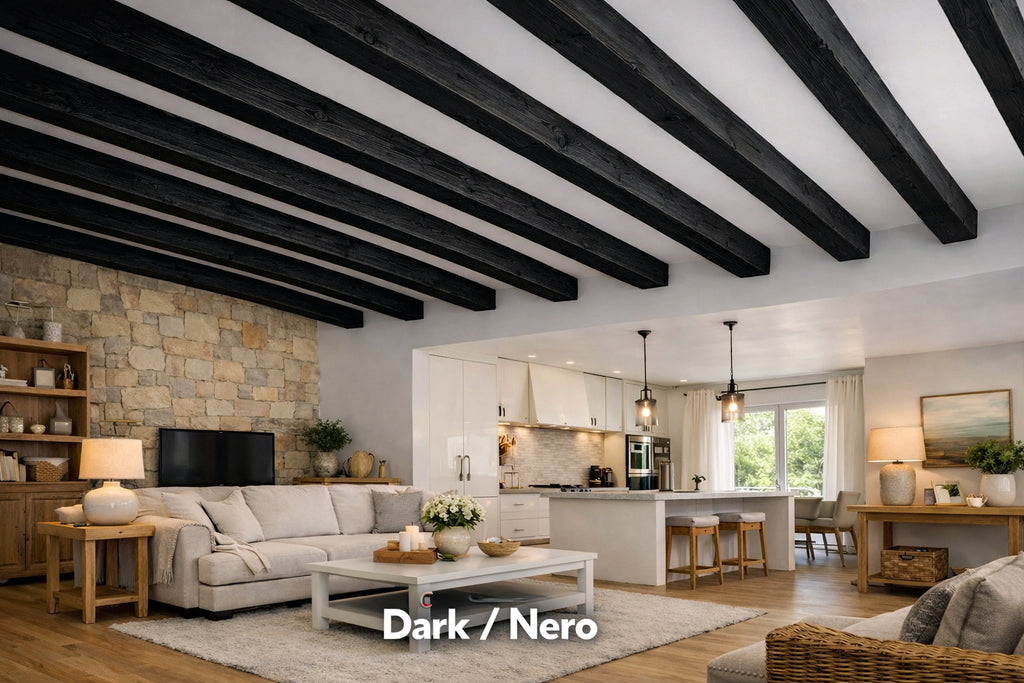Travi decorative da soffitto in Abete massello – Sezione scatolata da 16×14 cm – L. 1÷5 m – grezzi o rifiniti – 8 colori a scelta