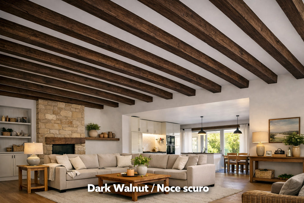 Travi decorative da soffitto in Abete massello – Sezione scatolata da 16×14 cm – L. 1÷5 m – grezzi o rifiniti – 8 colori a scelta