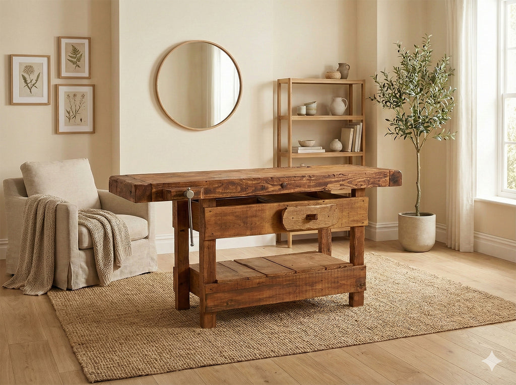 Tischlerwerkbank für die Einrichtung gewerblicher Tätigkeiten und rustikaler Umgebungen im INDUSTRIE-Stil aus Massivholz mit Schublade und Schraubstock 170x65x90 cm