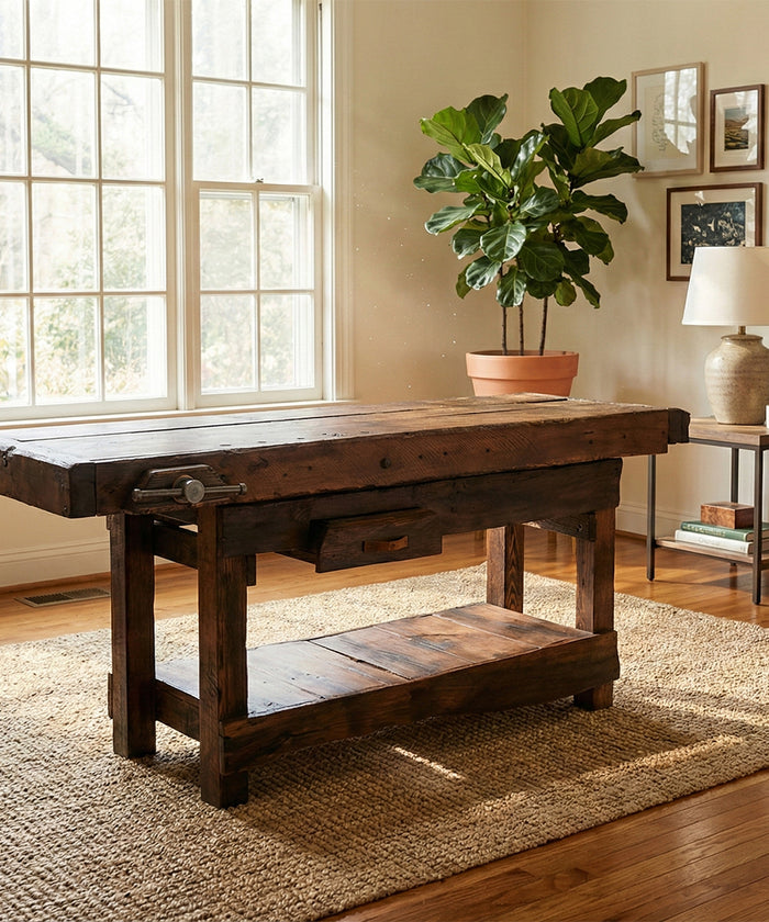 Carpenter's bench for furnishing commercial activities and rustic environments in INDUSTRIAL style, solid wood, drawer and vice 175x70x90 cm