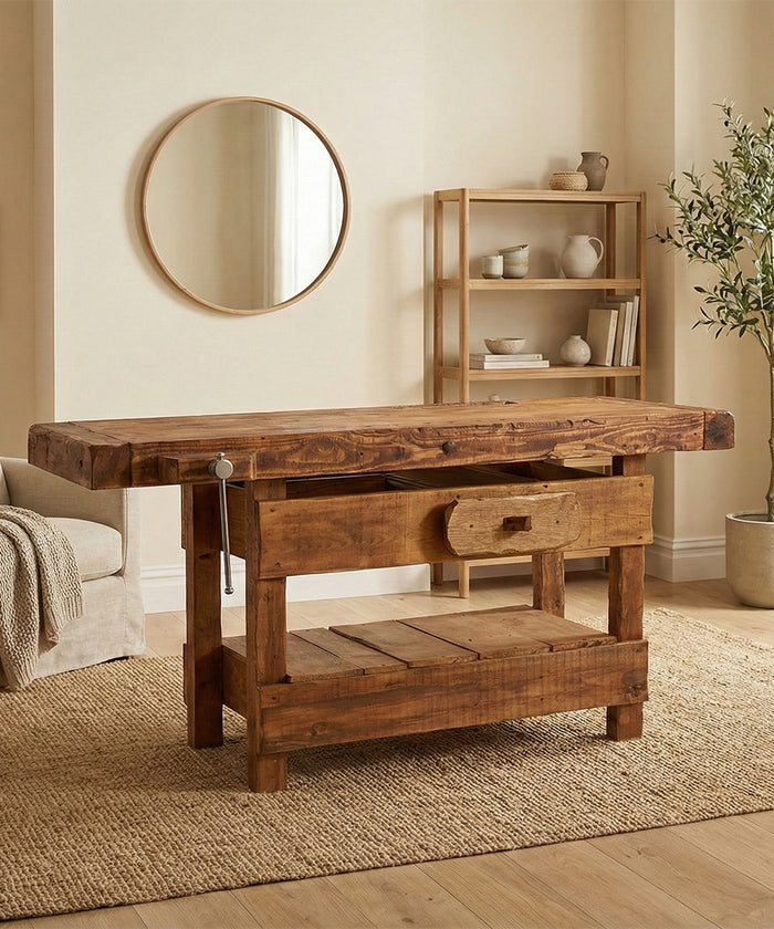 Tischlerwerkbank für die Einrichtung gewerblicher Tätigkeiten und rustikaler Umgebungen im INDUSTRIE-Stil aus Massivholz mit Schublade und Schraubstock 170x65x90 cm