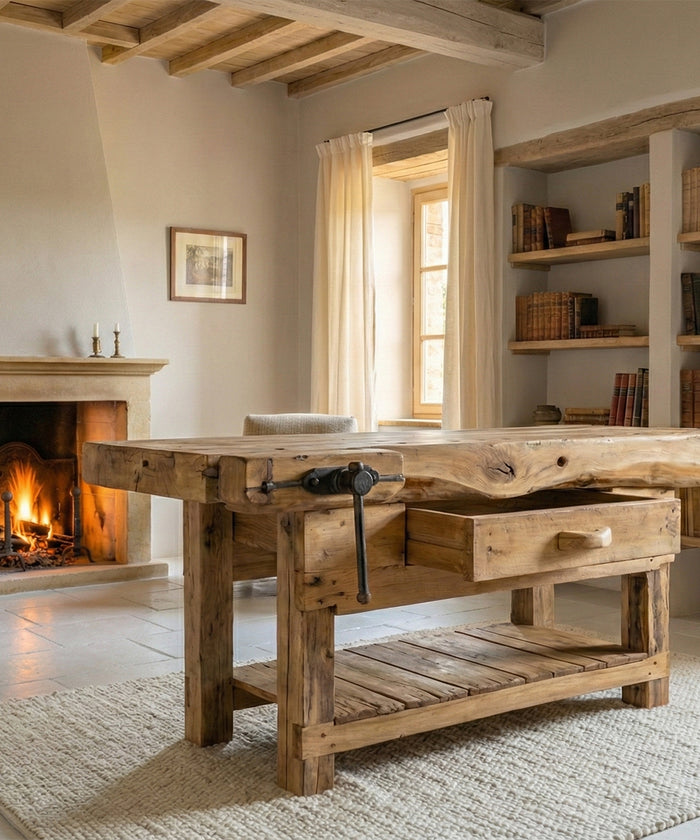 RUSTIKALE Hobelbank für die Einrichtung gewerblicher Tätigkeiten, Massivholz, roh, entrindet, naturbelassen, Maße 170x65x90 cm, SONDERANFERTIGUNG