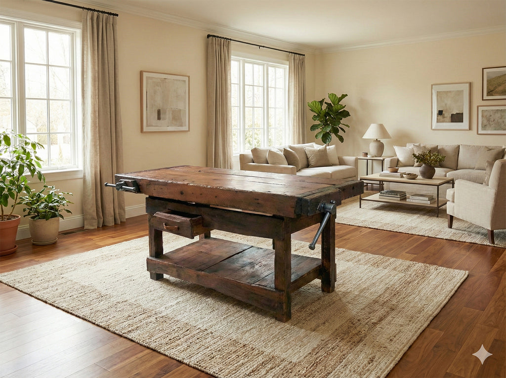 Tischlerwerkbank für die Einrichtung gewerblicher Tätigkeiten und rustikaler Umgebungen im Industriestil, Massivholz, Schublade und Schraubstock, 175x70x90 cm