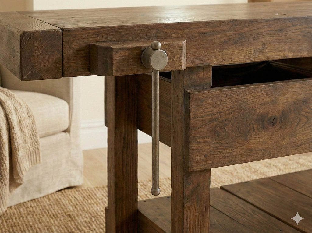 Tischlerwerkbank für die Einrichtung gewerblicher Tätigkeiten und rustikaler Umgebungen im INDUSTRIE-Stil aus Massivholz mit Schublade und Schraubstock 170x65x90 cm