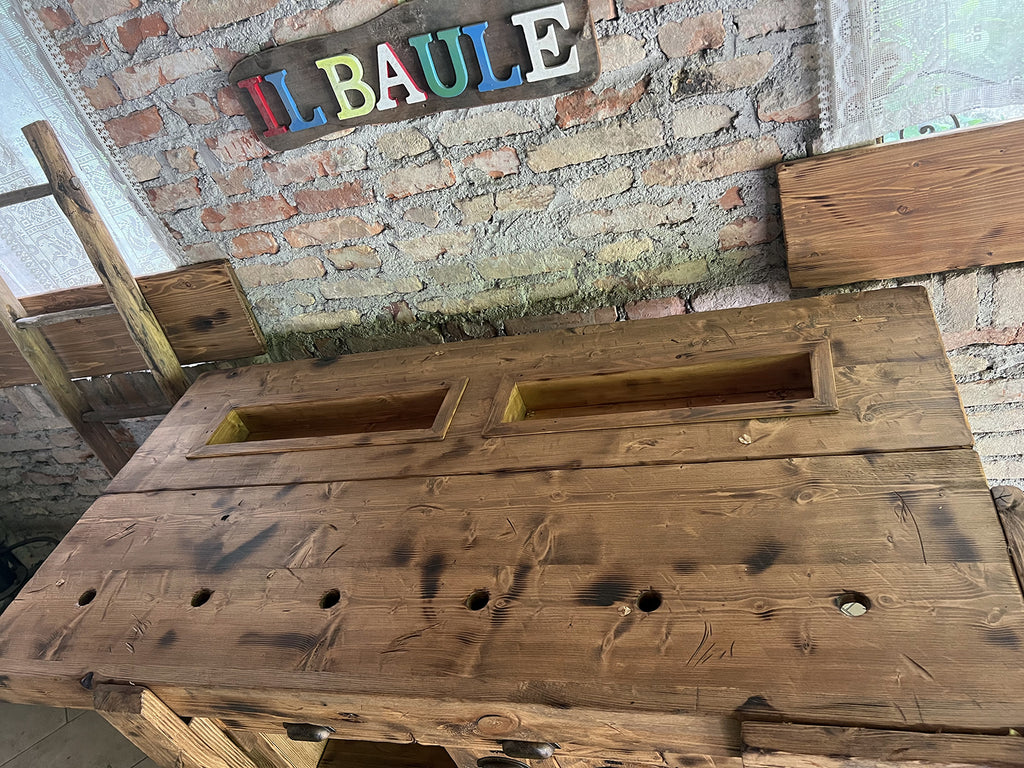 Banco Falegname per arredo cucina e soggiorno stile INDUSTRIAL in legno massello 6 cassetti 2 morse 170x80xh90 cm