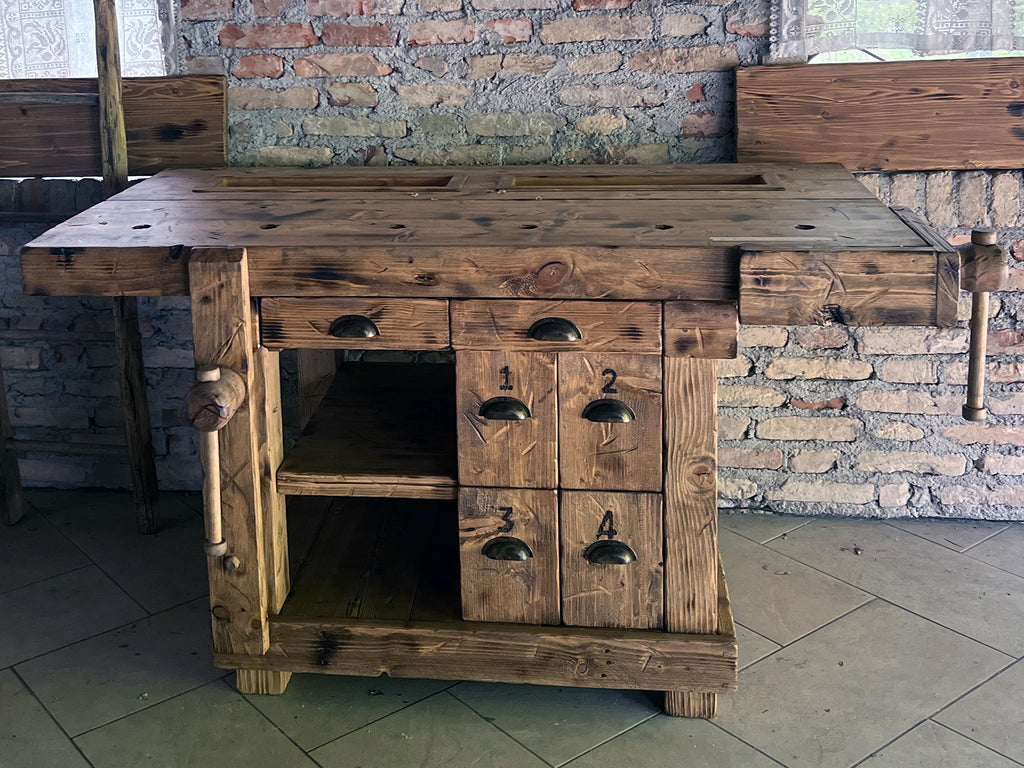 Banco Falegname per arredo cucina e soggiorno stile INDUSTRIAL in legno massello 6 cassetti 2 morse 170x80xh90 cm