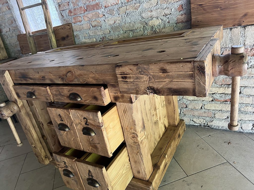 Werkbank aus Massivholz im Industriestil für Küchen- und Wohnzimmermöbel, 6 Schubladen, 2 Schraubstöcke, 170 x 80 x 90 cm