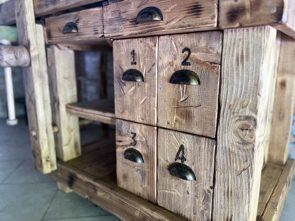 Werkbank aus Massivholz im Industriestil für Küchen- und Wohnzimmermöbel, 6 Schubladen, 2 Schraubstöcke, 170 x 80 x 90 cm