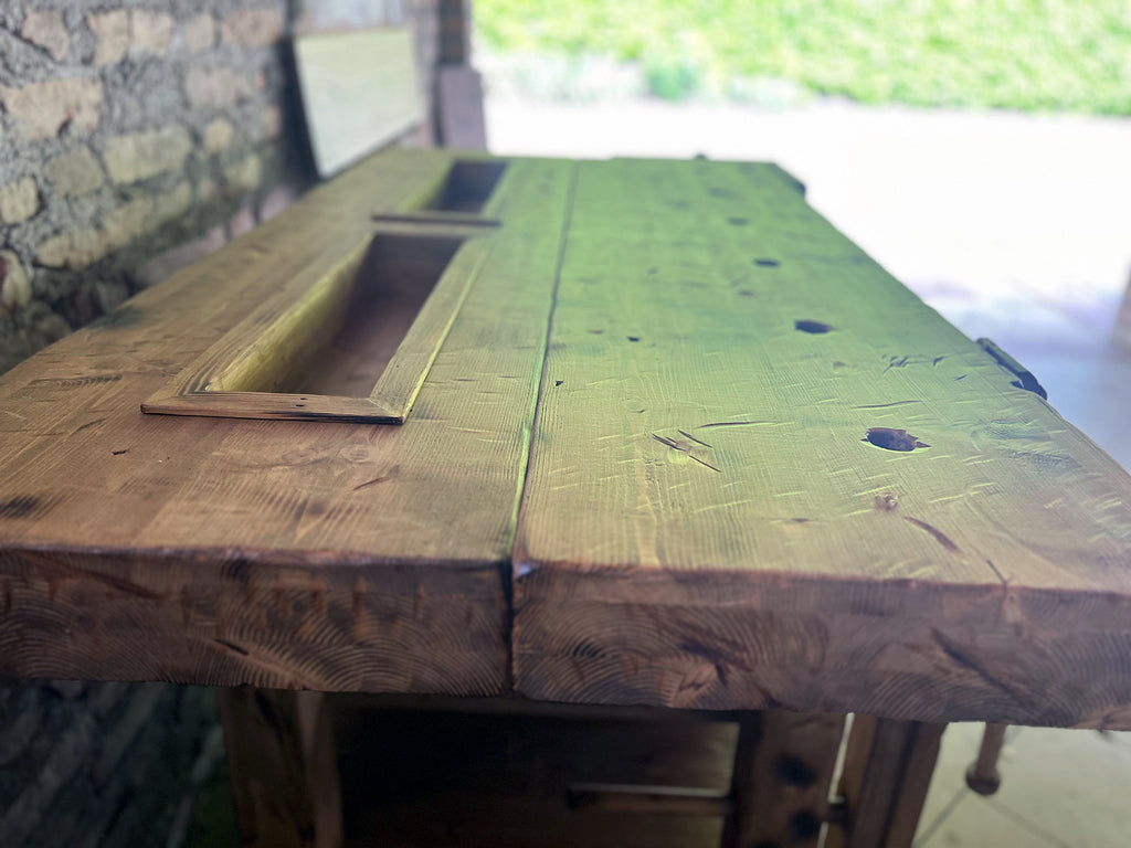 Werkbank aus Massivholz im Industriestil für Küchen- und Wohnzimmermöbel, 6 Schubladen, 2 Schraubstöcke, 170 x 80 x 90 cm