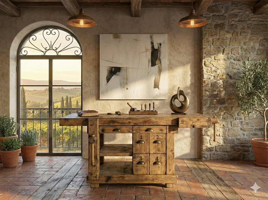 Werkbank aus Massivholz im Industriestil für Küchen- und Wohnzimmermöbel, 6 Schubladen, 2 Schraubstöcke, 170 x 80 x 90 cm