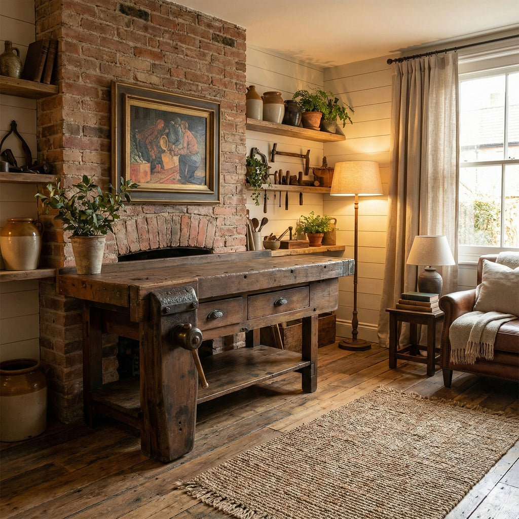 Carpenter's bench for furnishing commercial activities and rustic environments in INDUSTRIAL style, solid wood, drawer and vice 175x70x90 cm