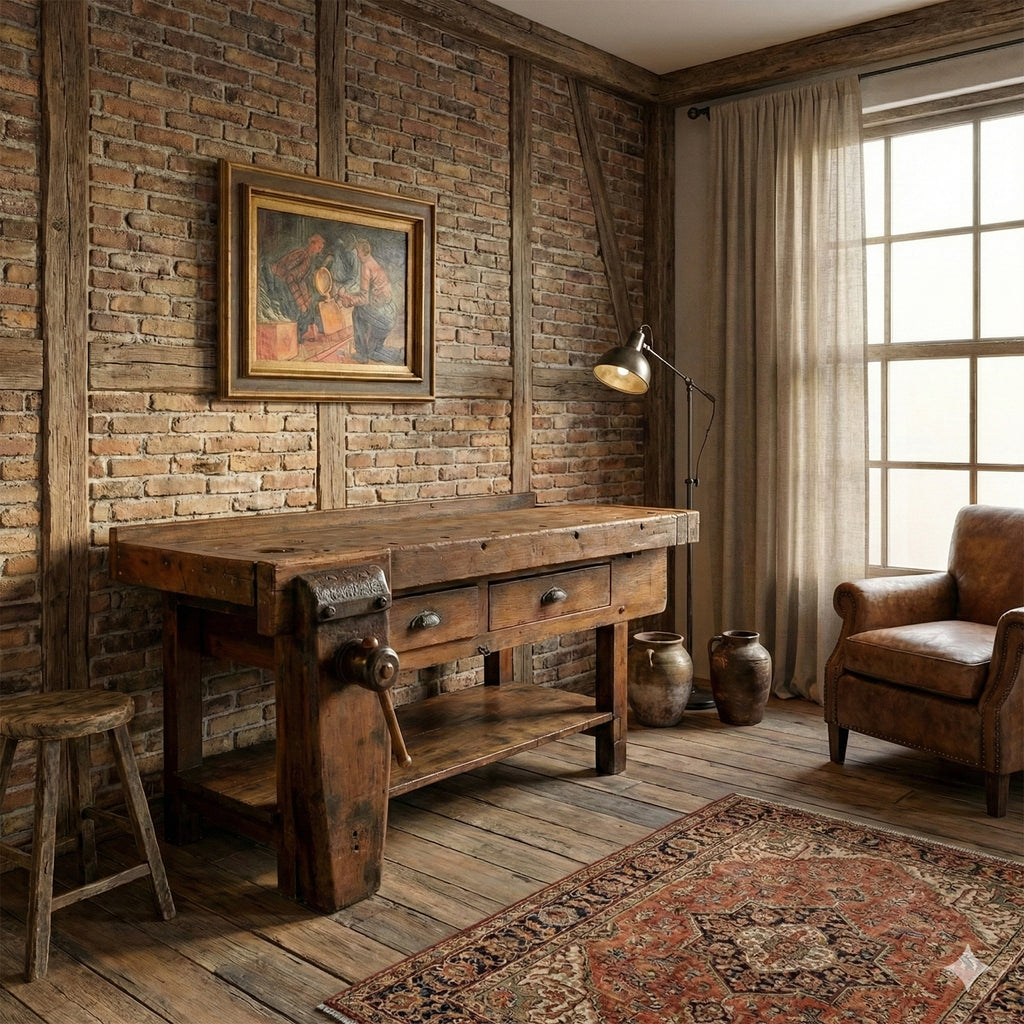 Carpenter's bench for furnishing commercial activities and rustic environments in INDUSTRIAL style, solid wood, drawer and vice 175x70x90 cm